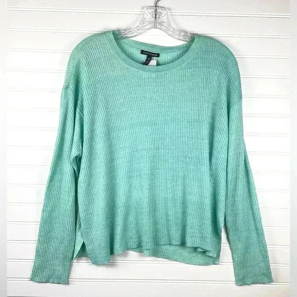 Eileen Fisher Mint Green Organic Linen Delave Round Neck Pullover size Medium